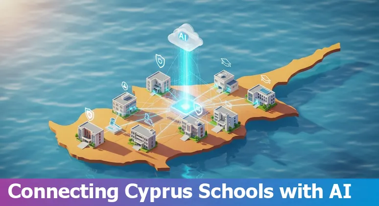Educators using AI tools in a Cyprus classroom in 2025, showing laptops and Cypriot campus buildings
