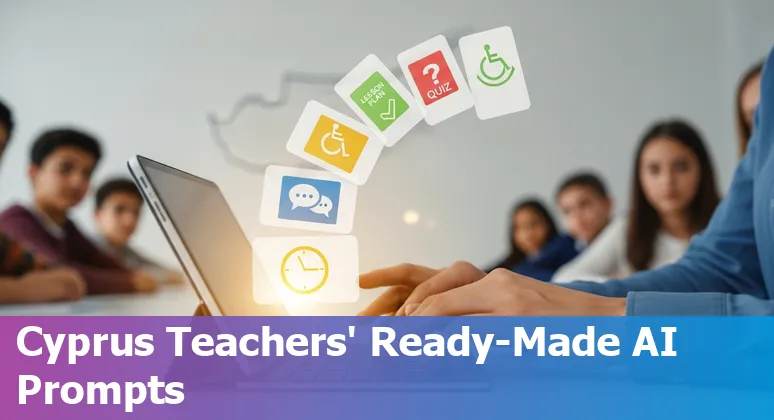 Teacher using AI tools on a laptop in a Cyprus classroom with education icons