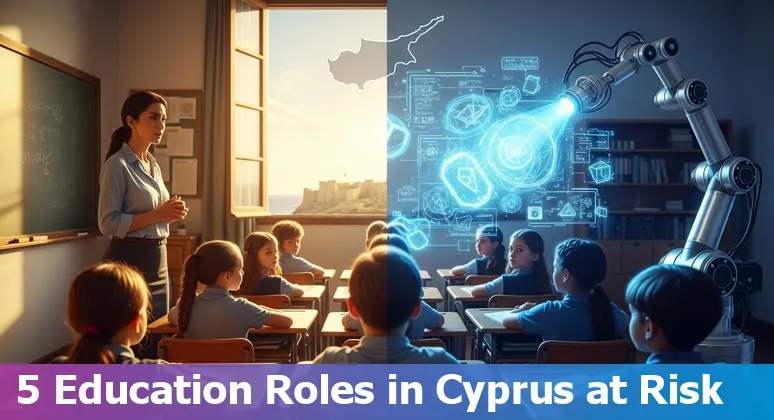 Cyprus classroom with teacher using laptop while AI symbols and charts hover above, representing AI in education