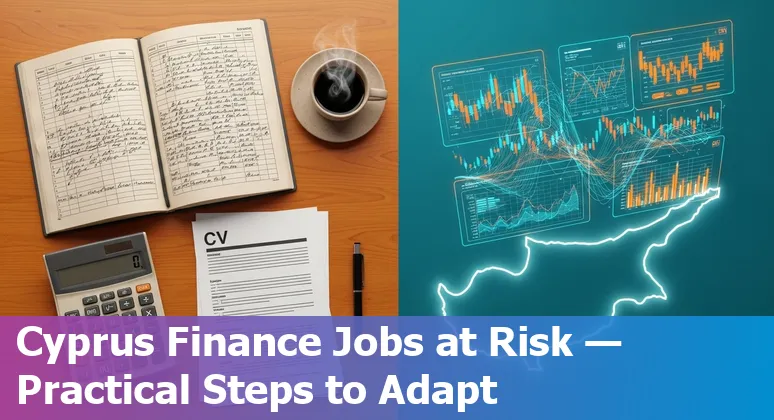 Financial services worker with AI and Cyprus skyline overlay, representing job transition and automation