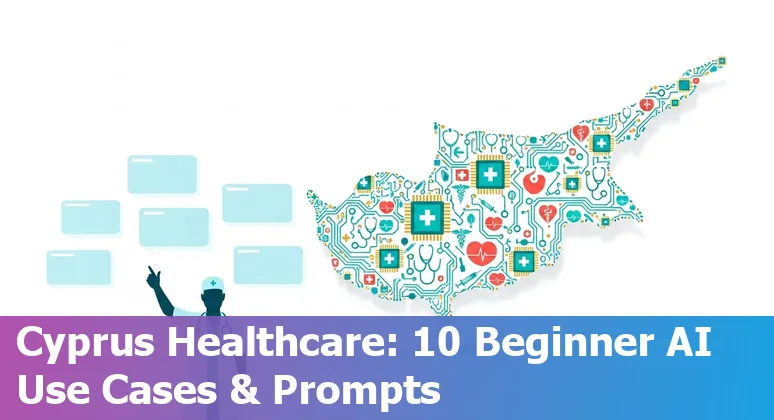 Illustration of AI in Cypriot healthcare: doctors, AI icons, medical devices and a Cyprus map