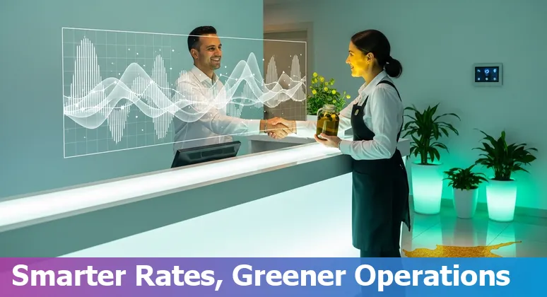 Hotel staff using an AI dashboard to manage bookings, energy and guest services at a Cyprus hotel