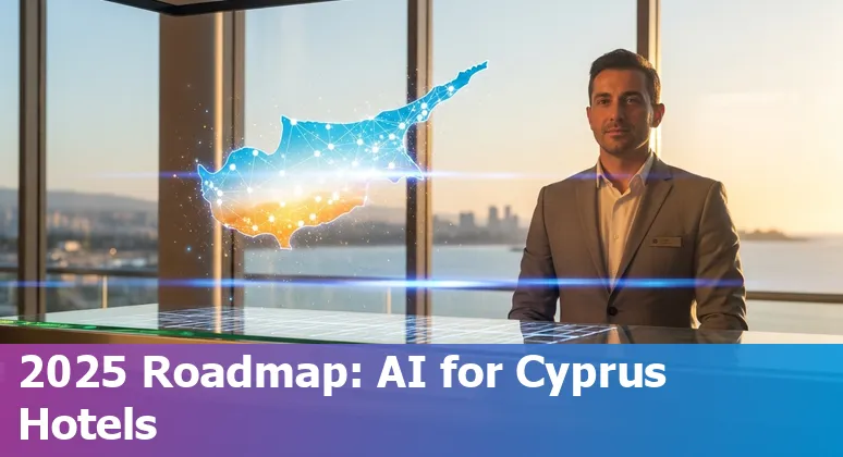 Hotel lobby with AI kiosk and staff using tablet in Cyprus