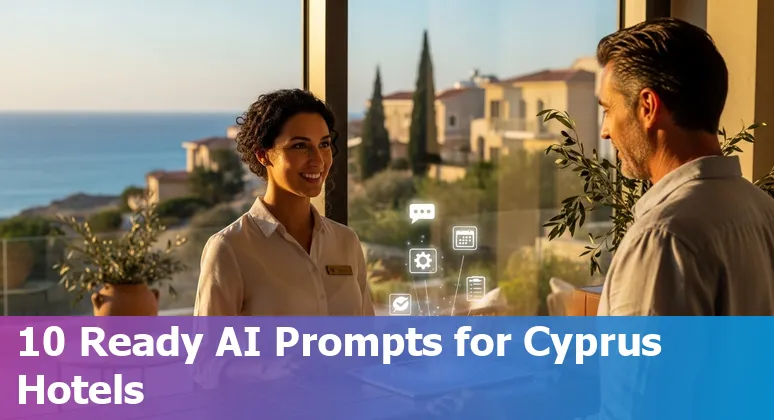 Hotel staff using AI chatbot on laptop with Larnaca coastline visible through window