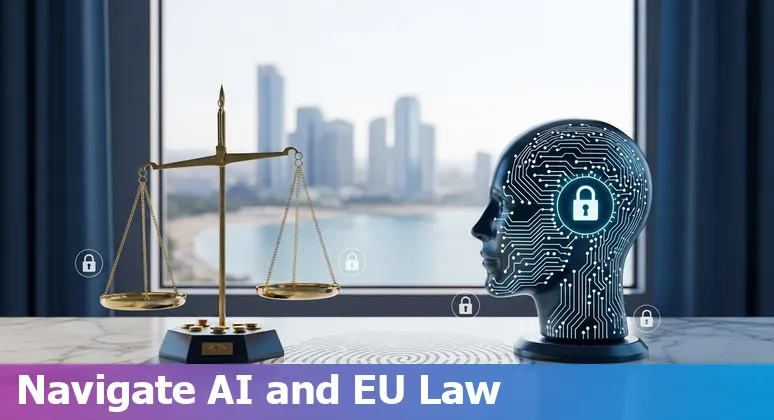 Illustration of AI and law in Cyprus: scales, laptop and Cyprus map
