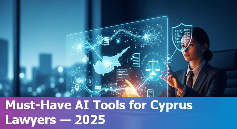 Map of Cyprus overlaid with icons for AI tools, legal scales, contracts and a gavel representing AI for legal professionals.