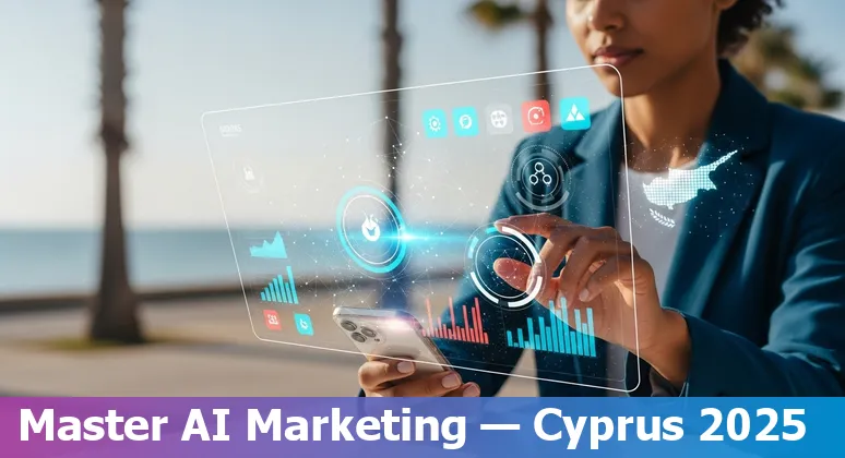 Marketing professional using AI dashboards at a Cyprus conference (Nicosia) in 2025
