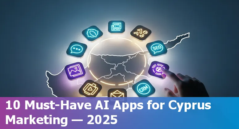 Collage of AI marketing tool logos (ChatGPT, Claude, Perplexity, Jasper, NeuronWriter, SurferSEO, SEMrush, HubSpot, Canva AI, Zapier) with Cyprus map overlay