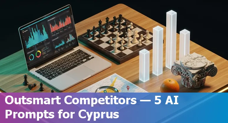 Marketer using AI on a laptop with Cyprus landmarks like Eleftheria Square and Limassol Marina visible on-screen