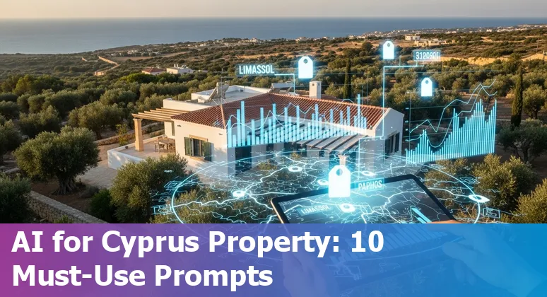 Map of Cyprus with house icons and AI symbols representing real estate tech