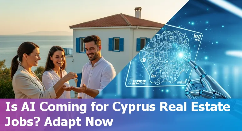 Cyprus real estate agent using laptop with AI icons and Limassol skyline in background