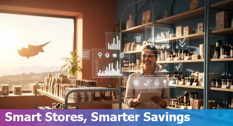 Retail AI dashboard and map of Cyprus showing cost savings and efficiency gains for Cyprus retailers