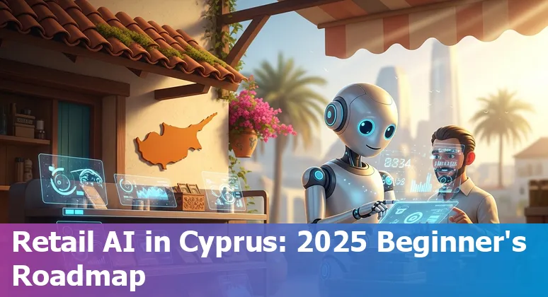 Illustration of AI in retail in Cyprus 2025 showing chatbot, inventory analytics and a map of Cyprus