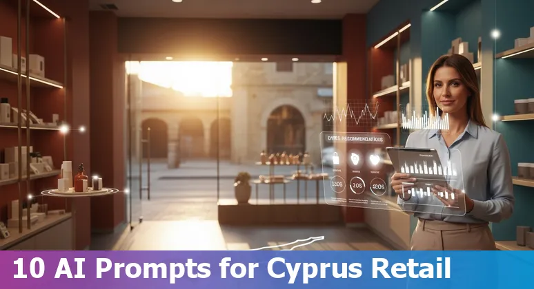 Shopper in a Cyprus store using a smartphone with AI overlays showing personalized offers and nearby store inventory