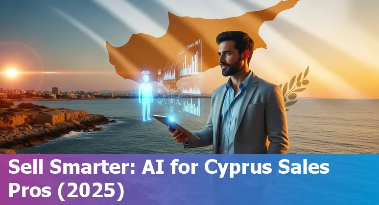 Sales professional using AI dashboard in Cyprus 2025 with CRM, analytics and Limassol skyline visible
