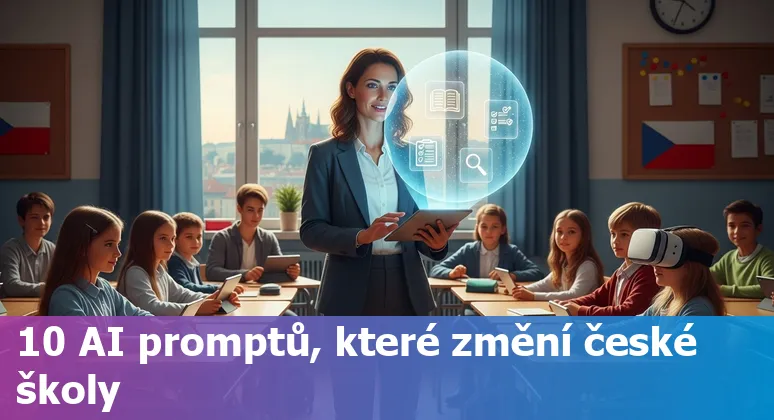 Czech classroom with teacher using AI tools on a laptop, AI icons overlay and Prague skyline in background