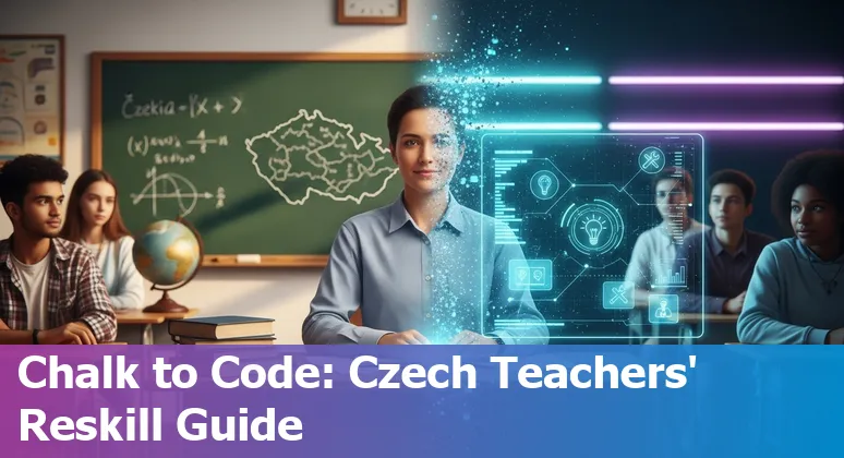 Czech educator using AI tools in classroom with Prague skyline, symbolising jobs adapting to AI