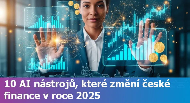 Collage of AI tool logos over Czech flag background with financial charts and spreadsheets
