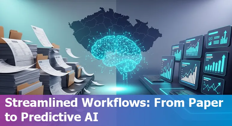 Graphic showing AI transforming financial services in Czech Republic: chatbots, fraud detection, CNB nowcasting and workflow automation in the Czech Republic