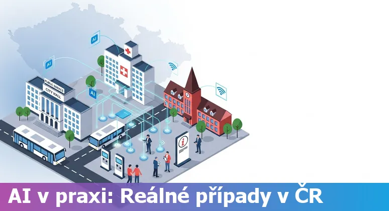 Illustration of Czech government AI use cases: policy, chatbots, health surveillance, cybersecurity and OpenEuroLLM collaboration