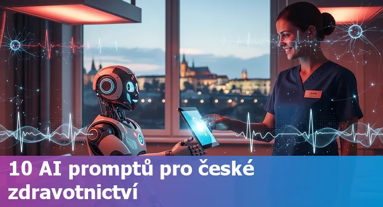 Illustration of AI in Czech healthcare: icons for radiology (Carebot), retina screening (Aireen), cardiology (KardiAI), pathology, and mental health (Upheal).