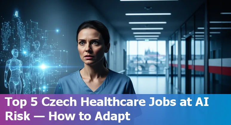 Czech healthcare professionals (radiologist, pathologist, nurse, lab technician) interacting with AI tools.