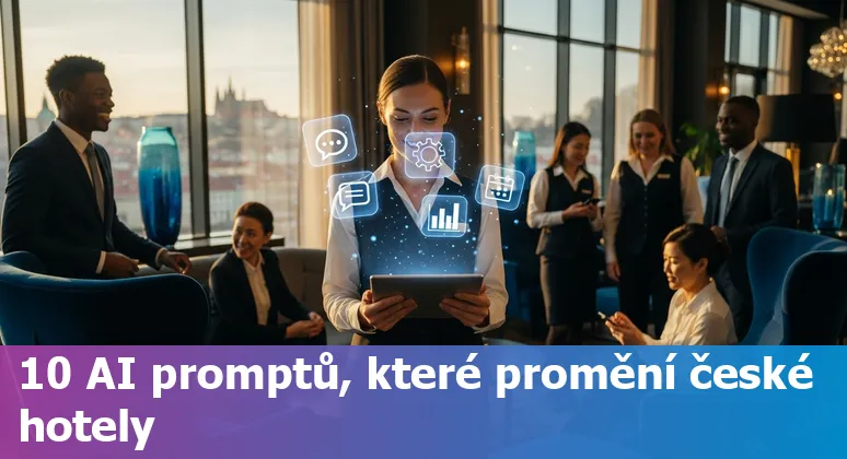 Hotel staff reviewing AI prompts dashboard for concierge, pricing, housekeeping and maintenance in a Czech hotel