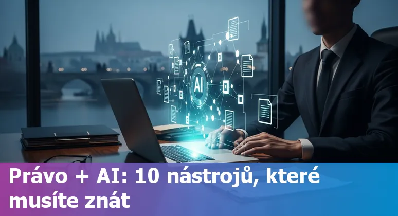 Collage of AI tool logos, Czech legal scales and Prague skyline