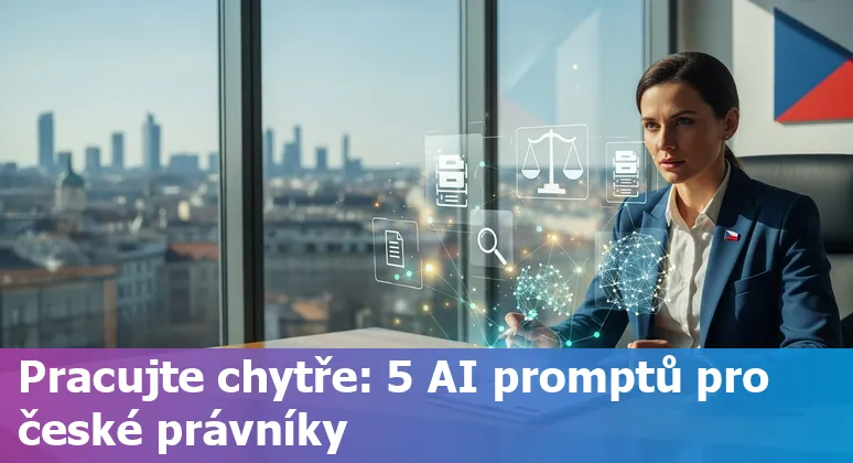 Czech lawyer using AI prompts on a laptop with Prague skyline and NAIS 2030 documents