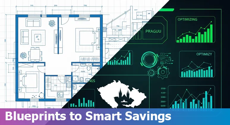 Real estate and AI in the Czech Republic — buildings with data and savings overlay
