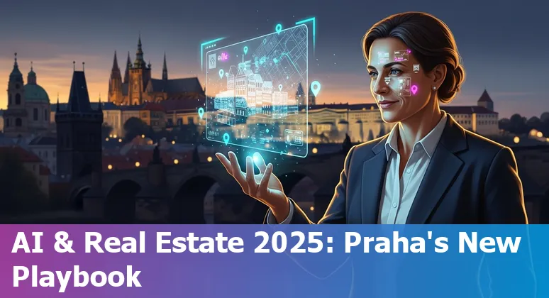 Illustration of AI applications in Czech Republic real estate showing smart buildings, data analytics and regulatory compliance