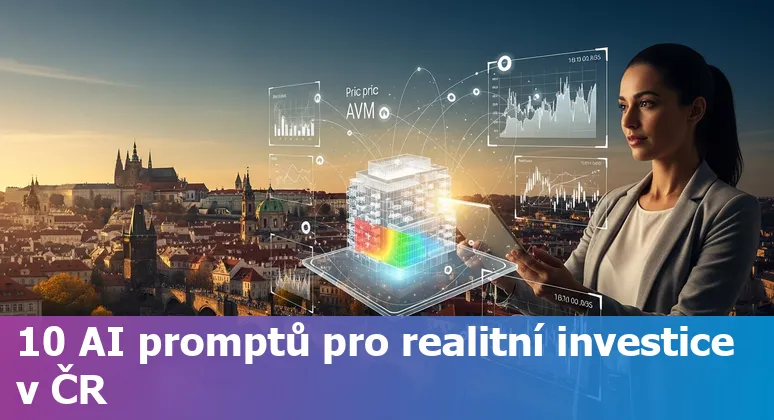 Illustration of AI tools supporting Czech real estate: valuation charts, map heatmap of Prague and virtual staged apartment