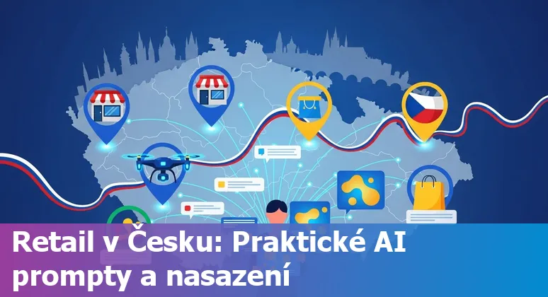 Illustration of AI use cases in Czech retail: recommendation engine, inventory graph, chatbot, and smart store.