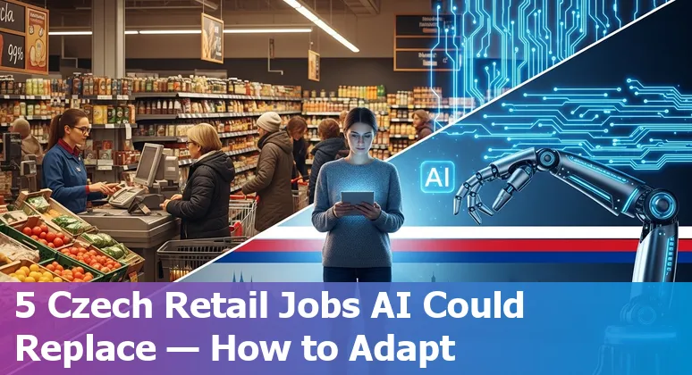 Czech retail workers beside self-checkout kiosks and warehouse robots, symbolising AI-driven change in retail
