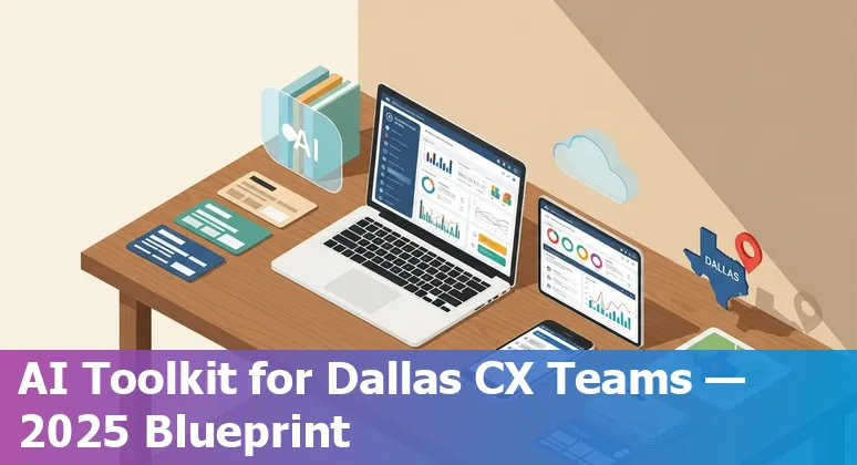 Customer service professional using AI tools in Dallas, Texas, 2025 skyline background