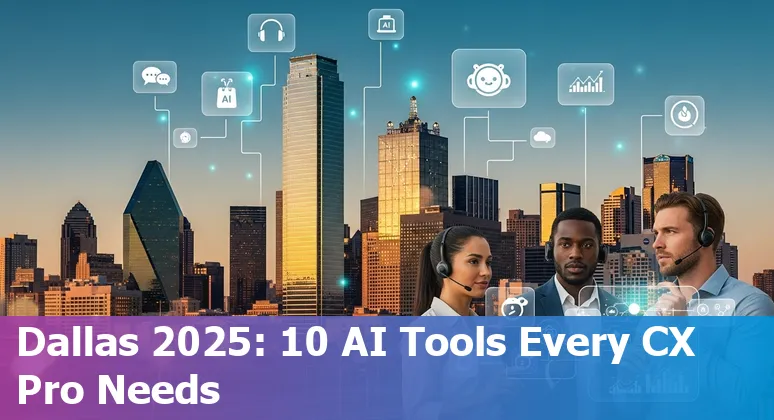 Collage of AI tools logos with Dallas skyline and customer service icons.