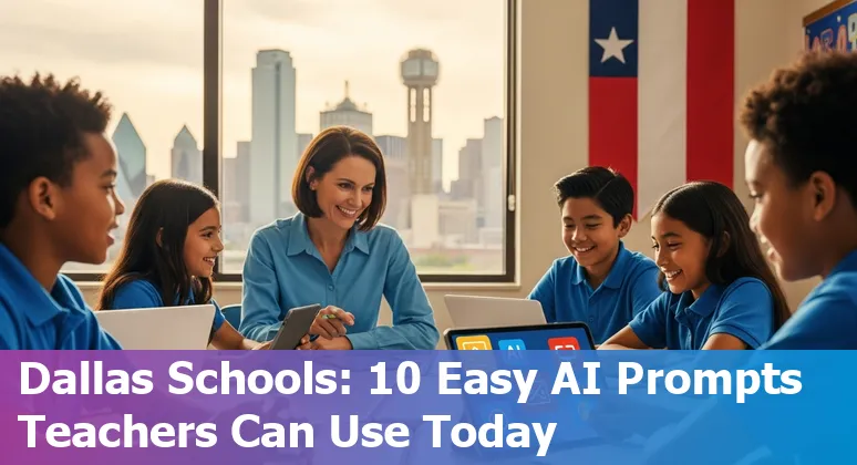 Teacher using AI tools on a laptop with Dallas skyline and school icons, representing AI in Dallas education.