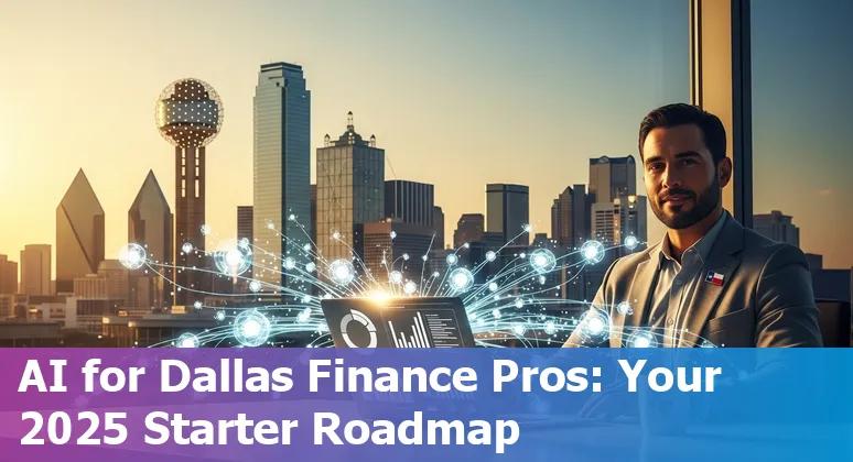 Finance professional using AI tools with Dallas, Texas skyline in background, 2025