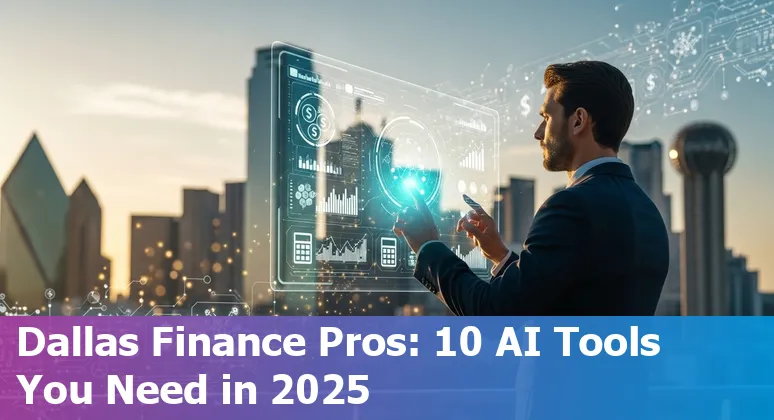 Collage of AI tool logos and Dallas skyline representing top AI tools for finance professionals in 2025