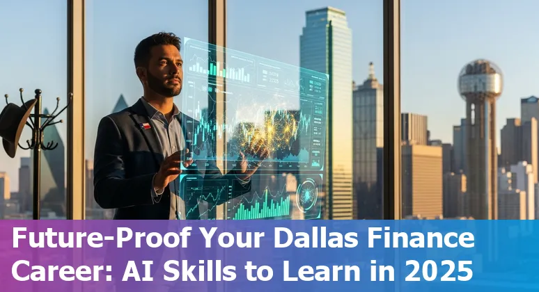 Finance professional using AI tools in Dallas, Texas office skyline in background