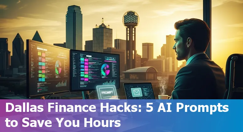 Finance professional in Dallas using AI prompts for cash flow and board deck on laptop with Dallas skyline.