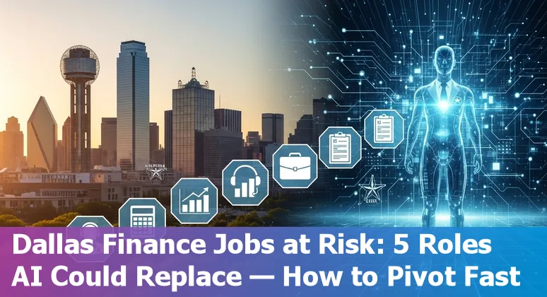 Dallas skyline with financial district icons and AI automation symbols representing jobs at risk in finance