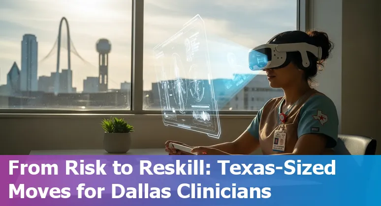 Healthcare worker reviewing EHR with AI overlay showing risk and reskilling paths in Dallas skyline background