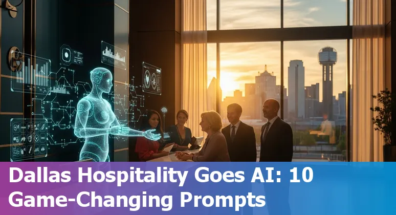 Hotel concierge using an AI chatbot on a tablet with Dallas skyline in the background