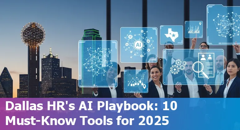 Row of HR professionals using AI tools on laptops with Dallas skyline in background