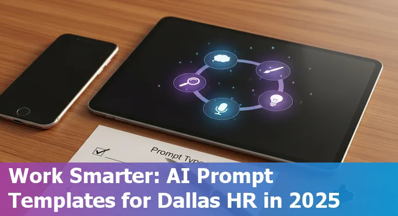 HR professional in Dallas using AI on a laptop to create benefits and hiring content, skyline of Dallas in background