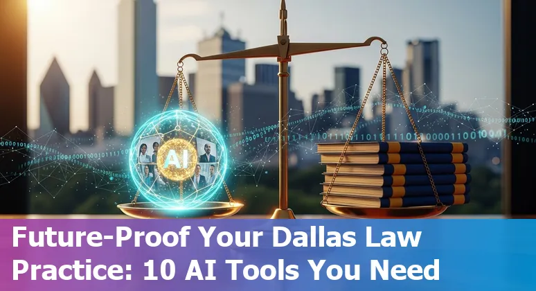 Lawyer at desk using AI tools on a laptop with Dallas skyline in background, icons for Clio, CoCounsel, ChatGPT, Claude.