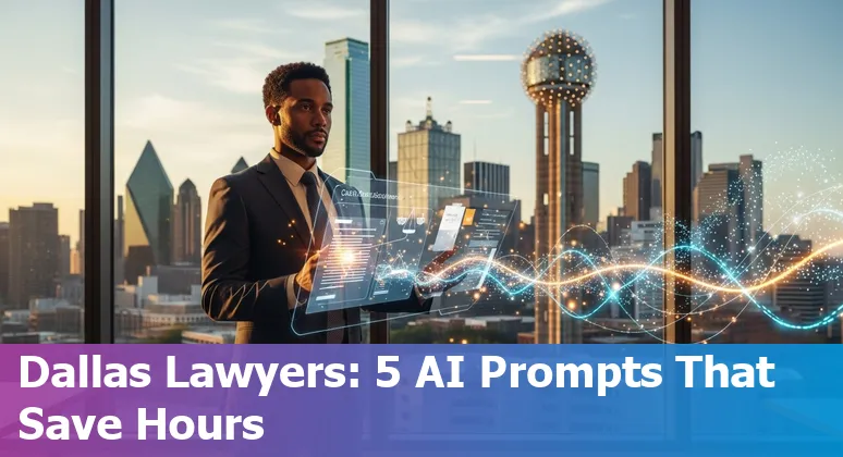 Dallas attorney using AI on laptop with skyline of Dallas and legal documents visible