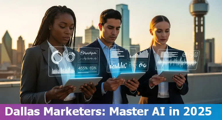 Marketing professional using AI tools in Dallas, Texas skyline background, 2025