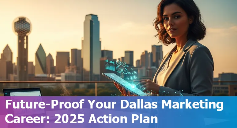 Dallas, Texas marketer using AI tools on laptop with city skyline — 2025 guidance for marketing jobs in Dallas, Texas